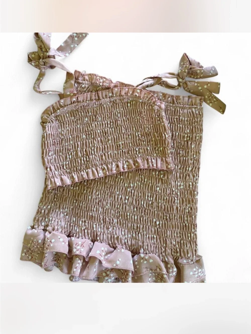 2 piece set Pastel pale Pink ruffled crop top with matching Runched skirt set S